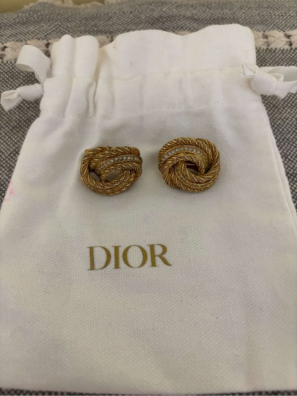 Dior Gold Twisted Rope Knot Earrings with Crystal Row